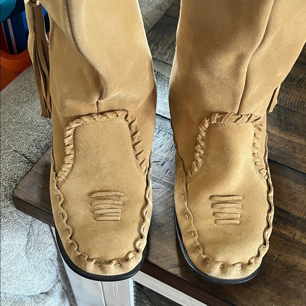 Women’s Tan Maggie Mercado Suede Fringe Tassel Mid-Calf Boots - Picture 2 of 5
